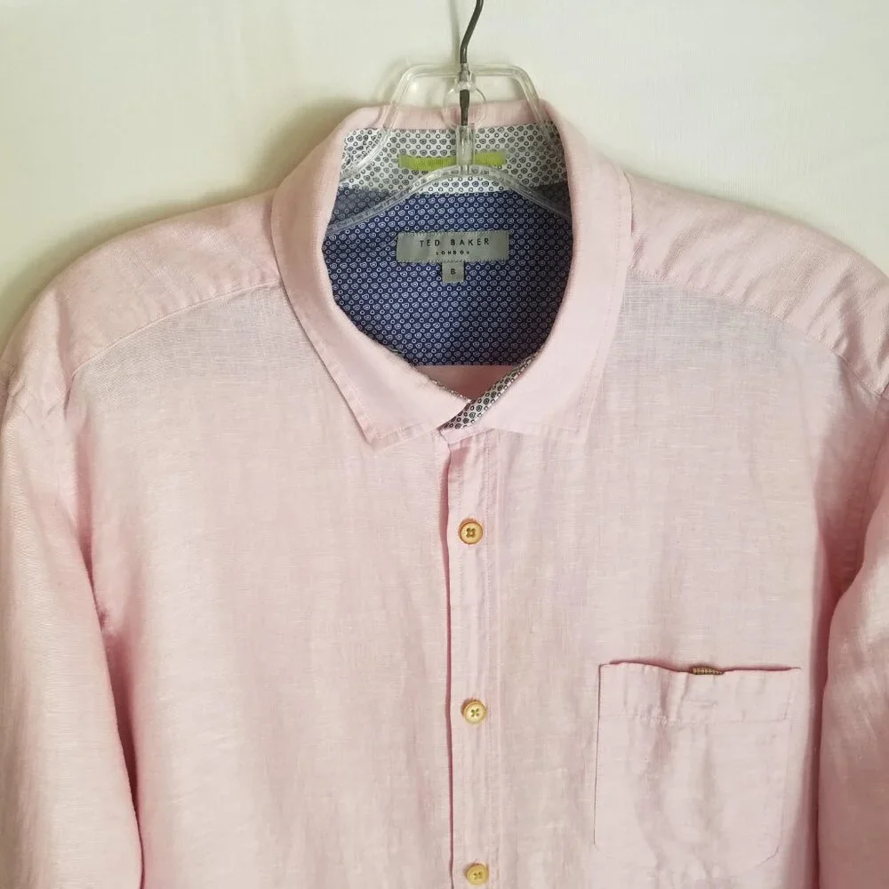Ted‎ Baker Men's Size 6 Pink Linen Blend Button Front Long Sleeve Shirt